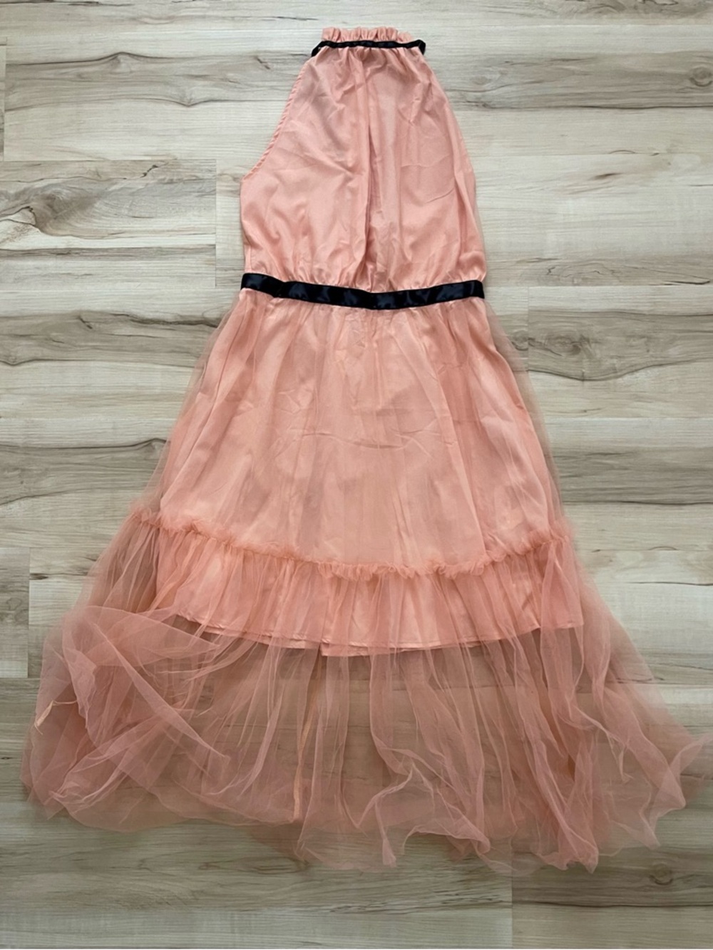 Backless Halter Tulle Evening Dress in Peach with Black Trim